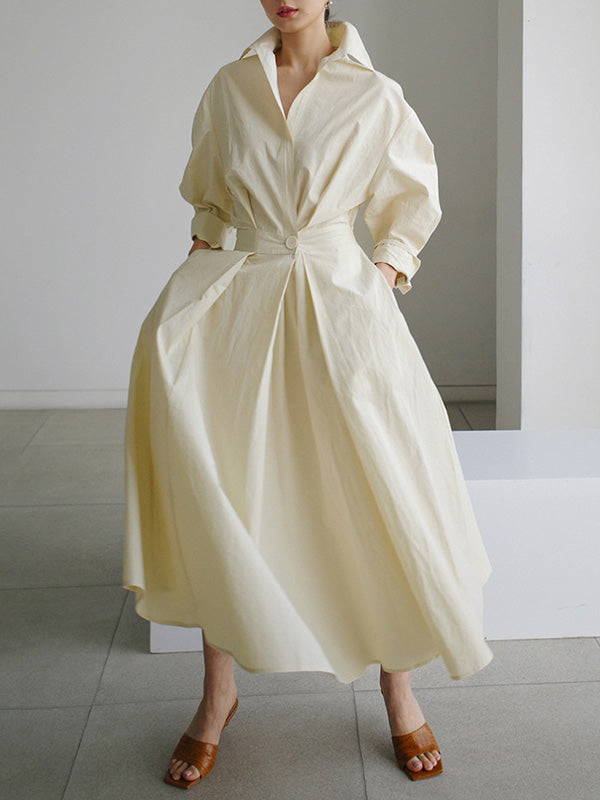 Buttoned Solid Color Long Sleeves Loose Lapel Midi Dresses