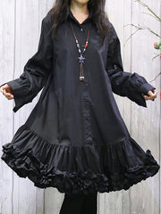 Buttoned Pleated Ruffled Solid Color Long Sleeves Loose Lapel Shirt Dress Midi Dresses