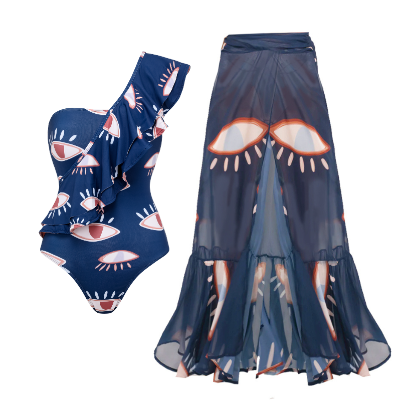 One Shoulder Ruffle Eye Print One Piece Swimsuit and Skirt Flaxmaker