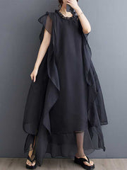 Falbala Ruffled Solid Color Loose Ruffle Sleeves Round-neck Midi Dresses