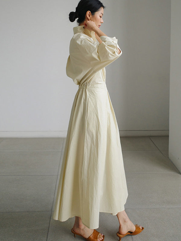 Buttoned Solid Color Long Sleeves Loose Lapel Midi Dresses
