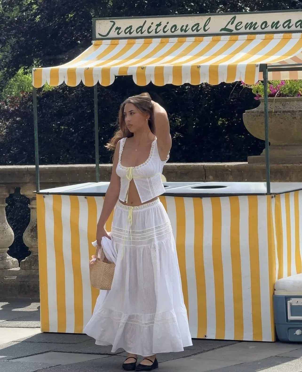 White Ruched Yellow Ribbon Crop Top And Maxi Skirt Set