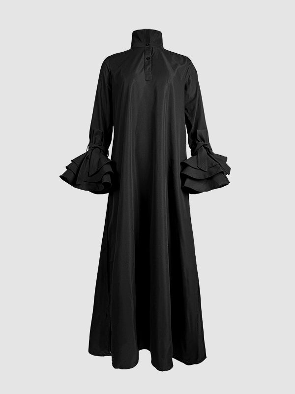 Buttoned Solid Color Split-Joint Split-side A-line Flared Sleeves Lapel Maxi Dresses