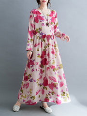 Flower Print Split-Joint Long Sleeves Loose Round-Neck Midi Dresses
