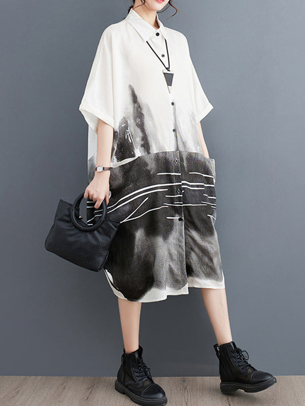 Printed Half Sleeves Loose Lapel Midi Dresses