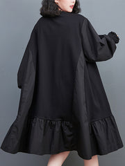 Pleated Solid Color Split-Joint Loose Puff Sleeves Round-neck Midi Dresses