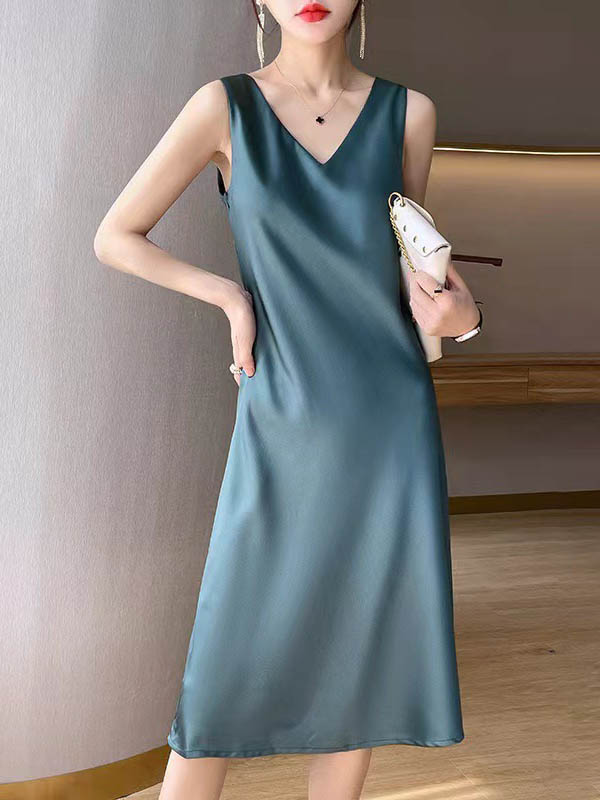 Solid Color A-Line Loose V-Neck Midi Dresses