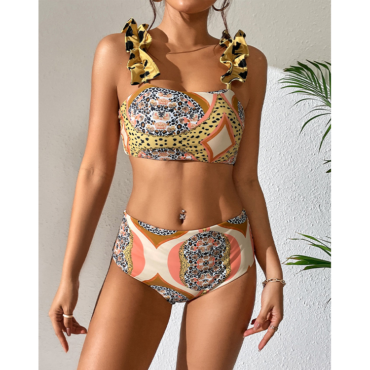 Ruffle Starp Leopard Print High Waist Bikini Swimsuit and Skirt Flaxmaker