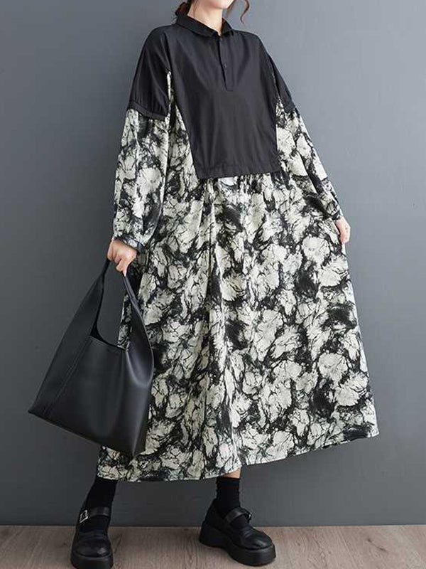 Buttoned Printed Split-Joint Long Sleeves Loose Lapel Midi Dresses