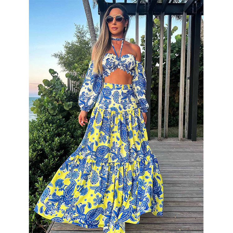 Halter Puff sleeve Printed Blue Maxi Dress