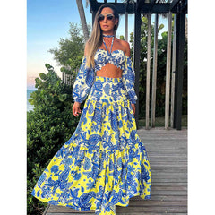 Halter Puff sleeve Printed Blue Maxi Dress