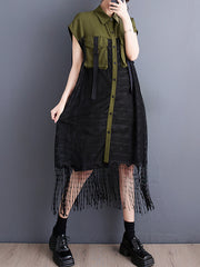 Gauze Pockets Split-Joint Tasseled Short Sleeves Lapel Midi Dresses