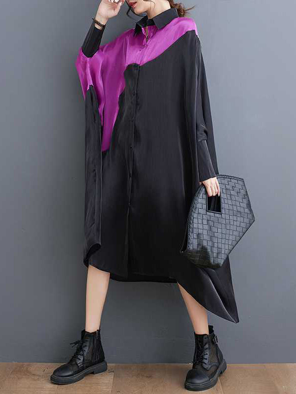 Asymmetric Buttoned Contrast Color Split-Joint Batwing Sleeves Loose Lapel Midi Dresses