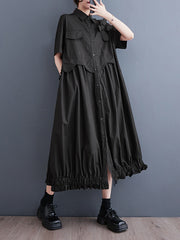 Elasticity Pleated Split-Joint Loose Short Sleeves Lapel Midi Dresses