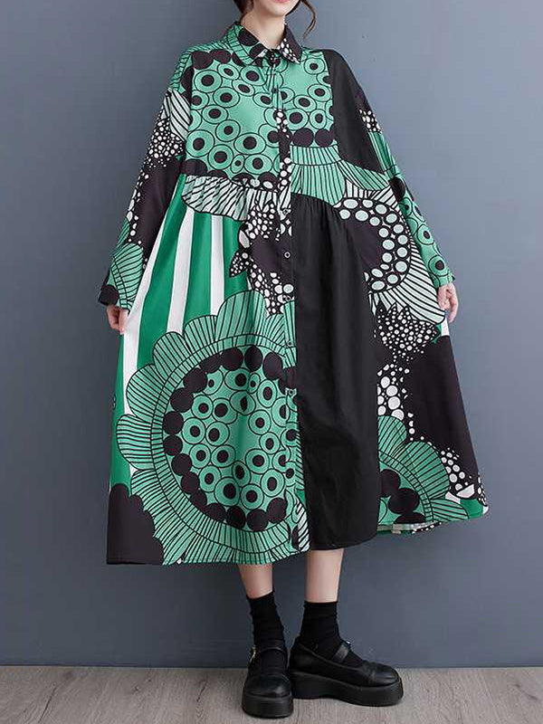 Asymmetric Buttoned Printed Split-Joint A-Line Long Sleeves Lapel Shirt Dress Midi Dresses