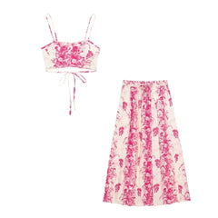 Lace up Pink Sling Cami and Skirt Set