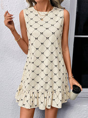 Pleated Printed A-Line Loose Round-Neck Mini Dresses