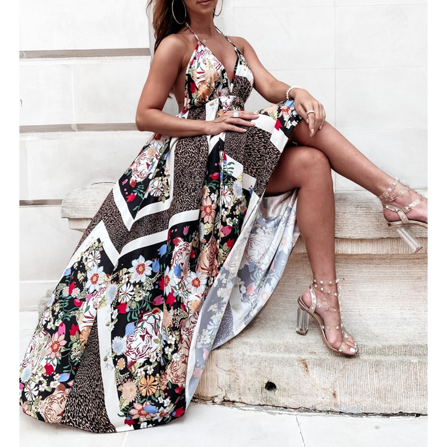 V Neck Blossom Printed  Backless Sling Dress