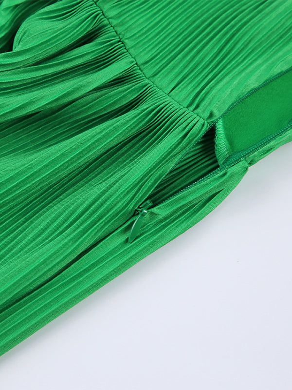 High-Waisted Pleated Solid Color Zipper A-line Flared Sleeves Round-neck Mini Dresses