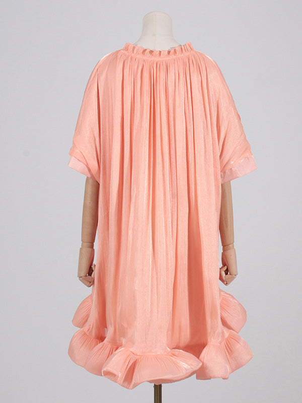 Floral Pleated Split-Joint High-Low Loose Stand Collar Mini Dresses