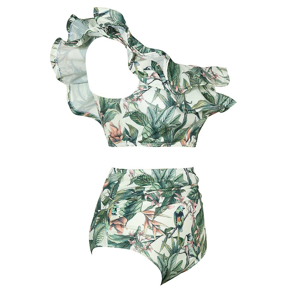 One Shoulder Ruffled White High Waist Bikini Swimsuit Flaxmaker
