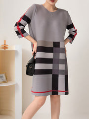 Contrast Color Plaid Pleated A-Line Loose Round-Neck Mini Dresses