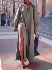 Long Sleeves Loose Solid Color Split-Joint Split-Side Lapel Maxi Dresses Shirt Dress