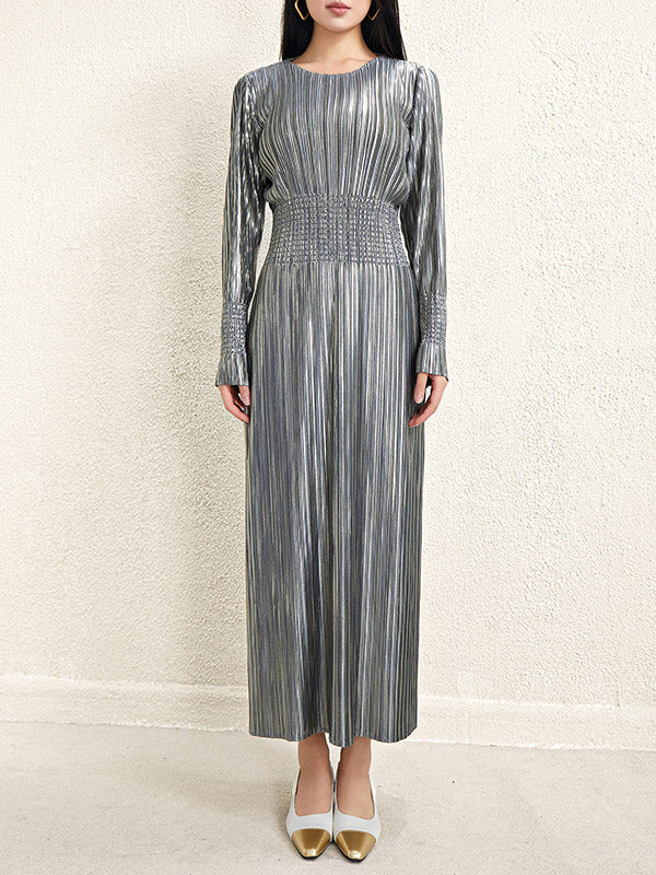 Bronzing Pleated Shiny Solid Color A-Line High Waisted Round-Neck Midi Dresses