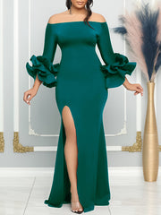 Falbala Solid Color Split-side Bodycon Flared Sleeves Off-the-shoulder Maxi Dresses