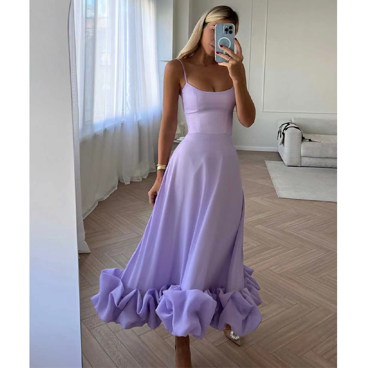 Spaghetti Strap Ruffle Bottom A-Line Midi Dress Flaxmaker