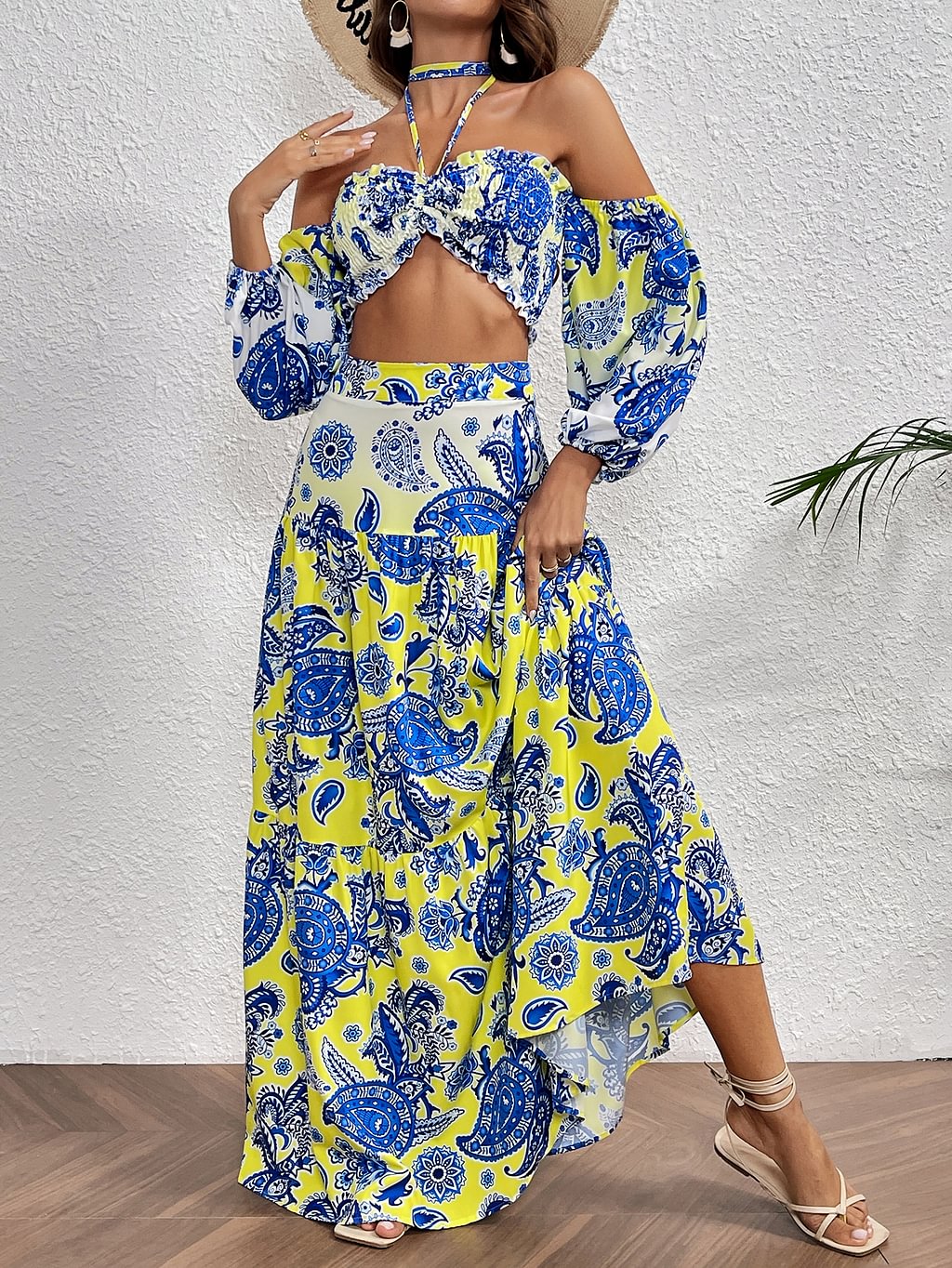 Halter Puff sleeve Printed Blue Maxi Dress