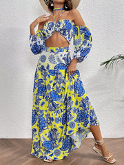 Halter Puff sleeve Printed Blue Maxi Dress