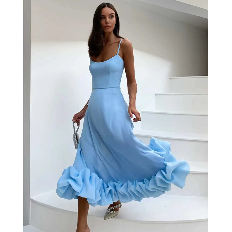 Spaghetti Strap Ruffle Bottom A-Line Midi Dress Flaxmaker