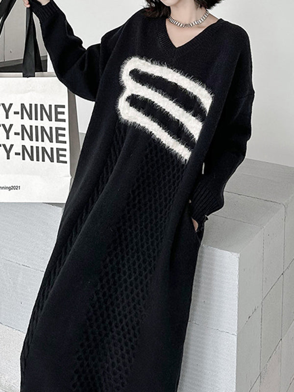 Split-Joint Split-side Long Sleeves Loose V-neck Sweater Dresses Midi Dresses