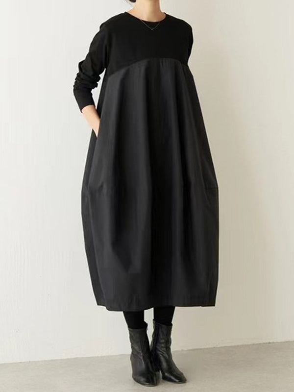 Split-Joint Long Sleeves Loose Round-Neck Midi Dresses