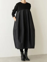 Split-Joint Long Sleeves Loose Round-Neck Midi Dresses