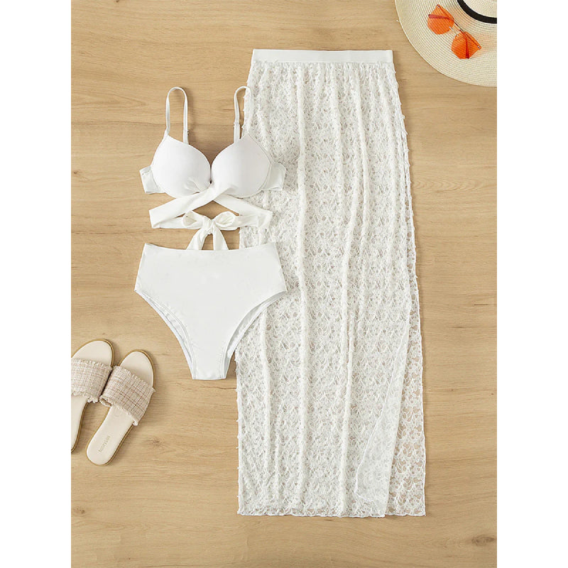Sling Backless Straps Solid Color Bikini Swimsuit Three-piece Set
