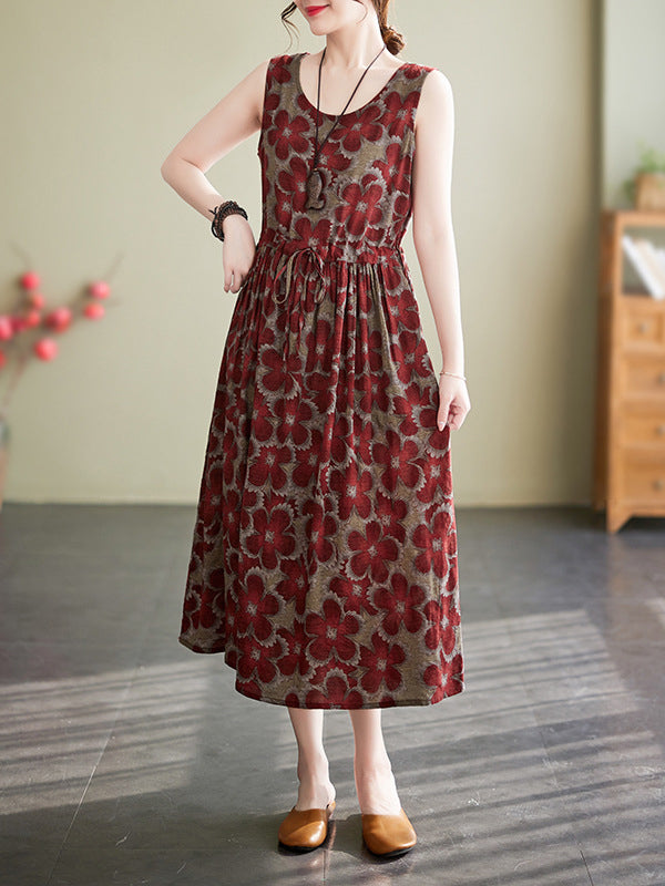 Drawstring Floral Printed Loose Oversize Round-neck Midi Dresses