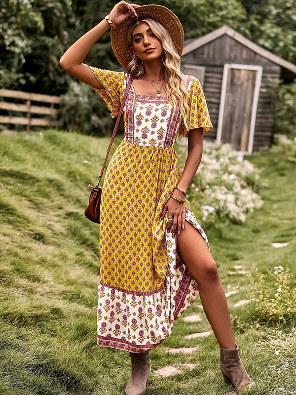 Bohemia Flared Sleeves Loose Floral Printed U-Neck Maxi Dress