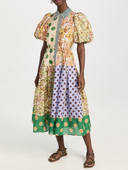Short Sleeves Flower Print Patchwork Lapel Collar Maxi Dresses