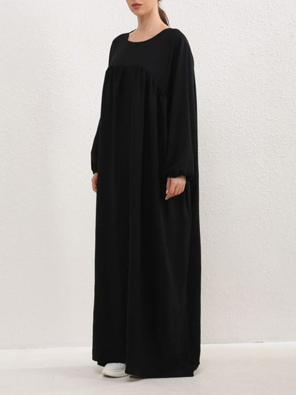 Pleated Solid Color Split-Joint Long Sleeves Loose Round-Neck Maxi Dresses