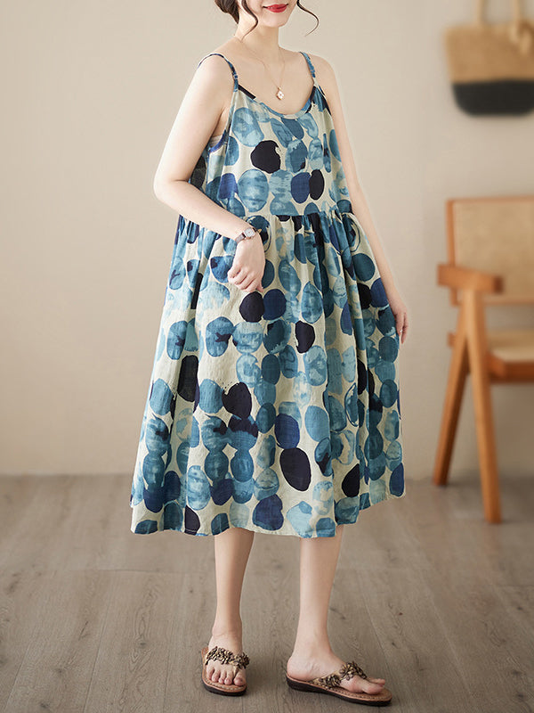Pleated Printed Split-Joint Loose Sleeveless Spaghetti-Neck Midi Dresses
