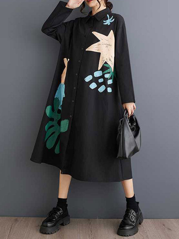 Buttoned Pockets Printed Split-Joint A-Line Long Sleeves Lapel Shirt Dress Midi Dresses