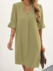 Pleated Ruffled Solid Color Split-Joint A-Line Flared Sleeves V-Neck Mini Dresses