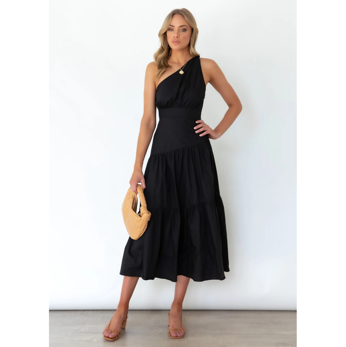 One Shoulder Solid Color Swing Dress