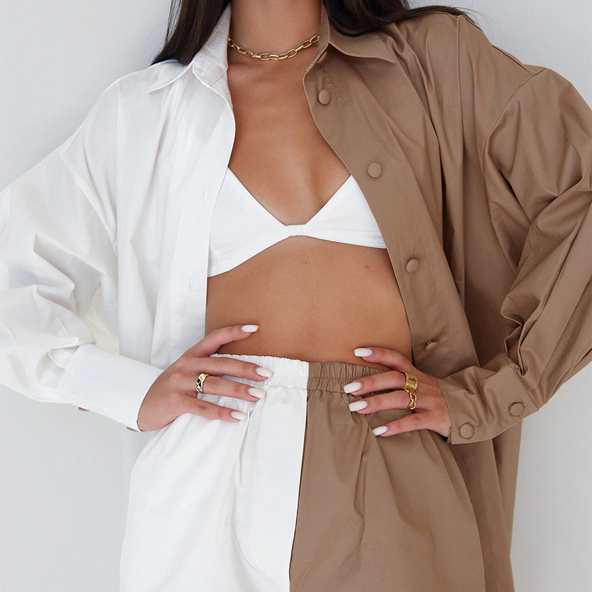 Color Block Long Sleeve Cotton Linen Shirt and Shorts