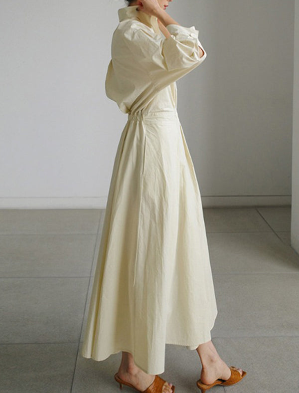 Long Sleeves Loose Pleated Solid Color Split-Joint Tied Waist Lapel Midi Dresses Shirt Dress
