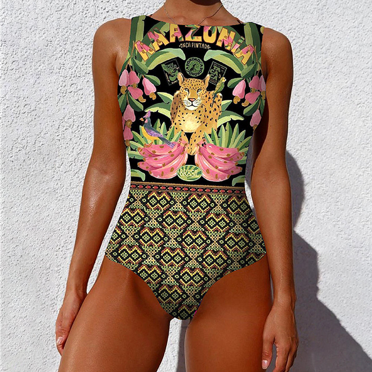 Sleeveless Printed One Piece Swimsuit Flaxmaker