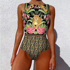 Sleeveless Printed One Piece Swimsuit Flaxmaker