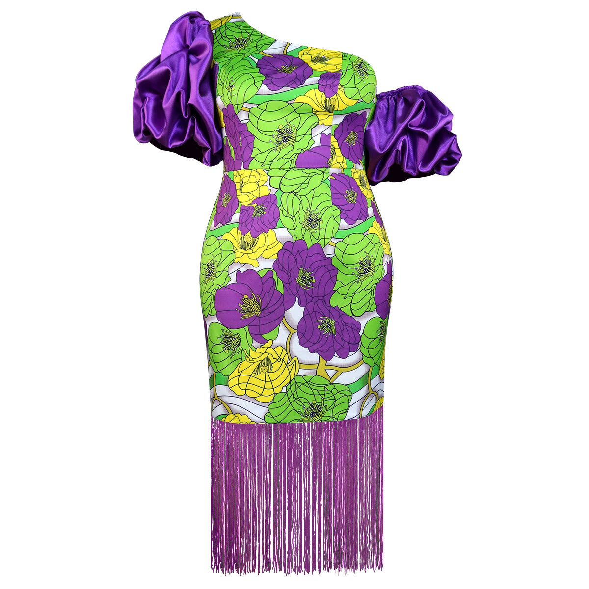 Plus Size Tassel Blossom Printed Puff sleeve Dress